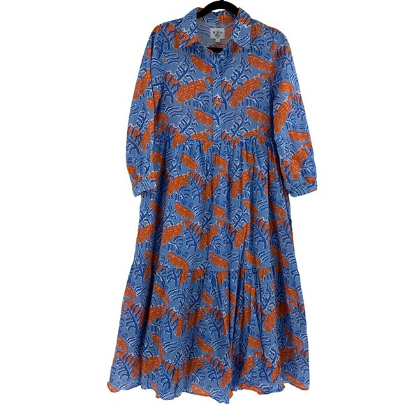 HiHo Womens Long-Sleeve Cotton Dress With Collar In Blue & Orange Size S Made In - Picture 1 of 9
